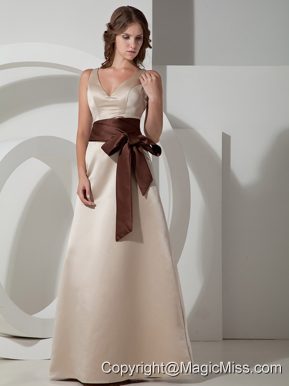 Grey A-line V-neck Floor-length Taffeta Sash Bridesmaid Dress