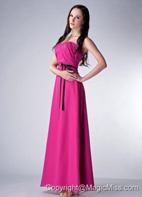 Custom Made Fushsia Empire Strapless Bridesmaid Dress Chiffon Sash Ankle-length