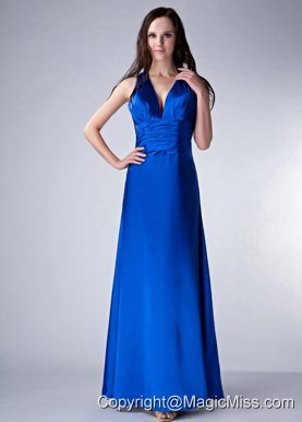 Customize Royal Blue Column V-neck Bridesmaid Dress Satin Ruch Ankle-length