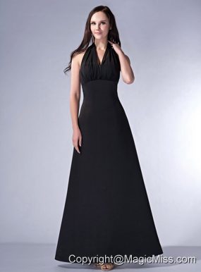 Simple Black Cloumn Halter Bridesmaid Dress Satin Ruch Ankle-length
