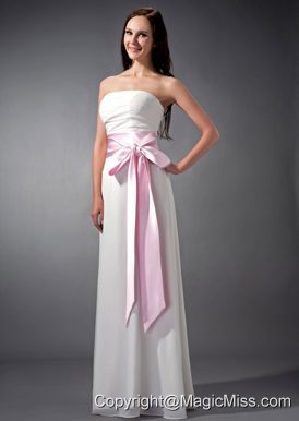 White and Baby Pink Empire Straoless Floor-length Chiffon Ruch Bridesmaid Dress