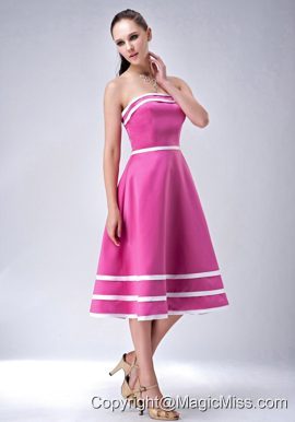 Hot Pink and White A-line / Princess StraplessTea-length Satin Bridesmaid Dress