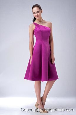 Custom Made Fuchsia A-line / Princess One Shoulder Bridesmaid Dress Satin Knee-length
