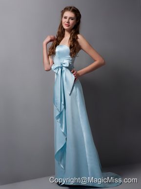 Customize Baby Blue Column Strapless Bridesmaid Dress Satin Bow Brush Train