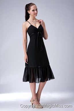 Lovely Black Column Straps Bridesmaid Dress Ruch Tea-length Chiffon