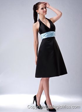 Custom Made Black A-line / Princess Halter Bridesmaid Dress Belt Knee-length Satin