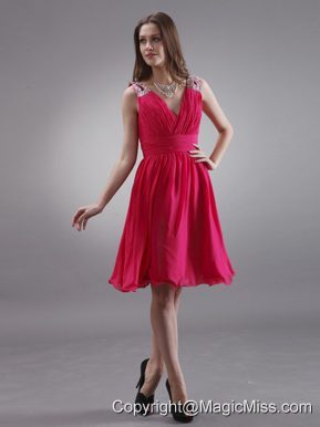 Coral Red V-neck Prom / Homecoming Dress With Beading Chiffon Knee-length