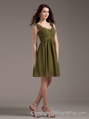 Straps Knee-length Olive Green Chiffon 2013 Prom Dress