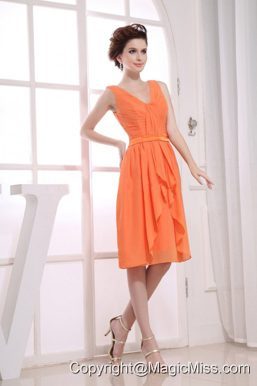 V-neck Orange Knee-length Ruching Bridesmaid Dress For 2013