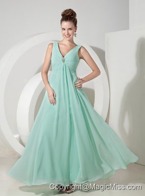 Apple Green Empire V-neck Floor-length Chiffon Beading Prom / Evening Dress