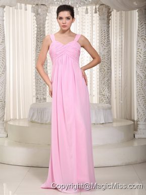 Baby Pink Empire Straps Floor-length Chiffon Ruched Prom Dress