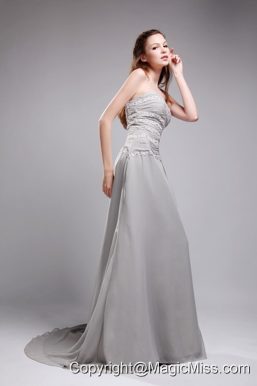 Gorgeous Empire Sweetheart Brush Train Chiffon Appliques Grey Prom / Graduation Dress