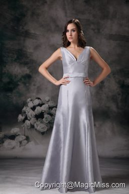 Grey Column / Sheath V-neck Floor-length Satin Ruch Prom Dress
