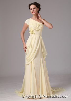One Shoulder Hand Made Flower Chiffon Brush Train For Light Yellow Mother Of The Bride Dress In Newnan Georgia