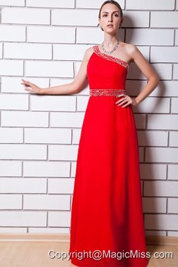 Red Empire One Shoulder Floor-length Chiffon Beading Homecoming Dress