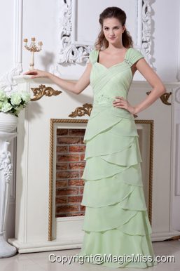 Yellow Green V-neck Straps Rulles Layers Prom Dress