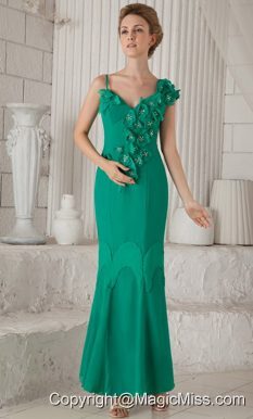 Turquoise Column / Sheath Asymmetrical Ankle-length Chiffon Hand Made Flowers Mother of the Bride Dress