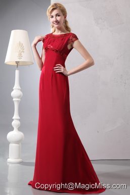 Modest Wine Red Column Prom Dress Scoop Brush Train Chiffon Beading