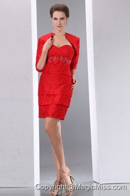 Red Column Sweetheart Mini-length Taffeta Beading Homecoming Dress