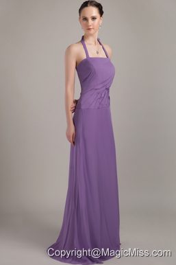 Purple Column Halter Brush Train Chiffon Ruch Prom Dress