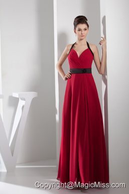 2013 Simple Column Halter Sash Long Red Prom Dress