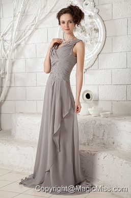 Customize Gray Empire V-neck Prom Dress Chiffon Ruch Brush Train