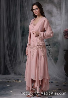 Pink Column V-neck Asymmetrical Appliques Chiffon Mother of the Bride Dress