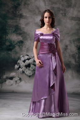 Lavender Empire Off The Shoulder Floor-length Taffeta Hand Made Flowers Prom / Evening Dress