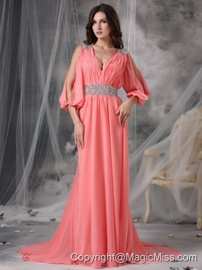 Customize Watermelon Red V-neck Prom / Evening Dress Chiffon Beading Court Train
