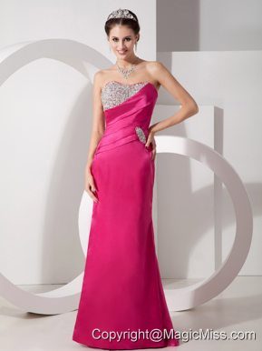 Vintag Hot Pink Column Sweetheart Prom Dress Satin Beading and Ruch Brush Train