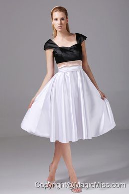 White and Black Satin Knee-length 2013 Prom Dress Cap Sleeves