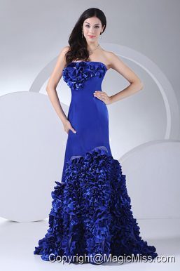 Hand Made Flowers Decorate Bodice Strapless Mermaid Blue Taffeta Brush Train 2013 Prom Dress