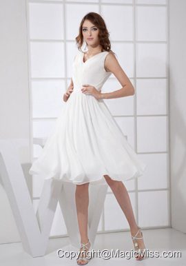 V-neck White Chiffon Knee-length Empire 2013 Prom Dress