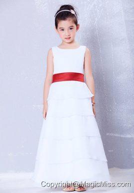 White and Red A-line Scoop Ankle-length Chiffon Sash Flower Girl Dress