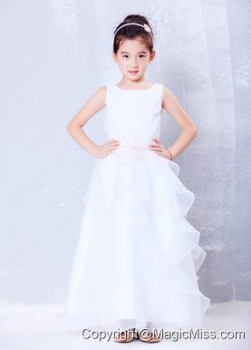 White A-line Scoop Ankle-length Organza Beading Flower Girl Dress