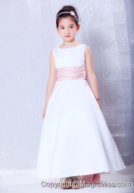 White and Pink A-line Scoop Ankle-length Taffeta Sash Flower Girl Dress