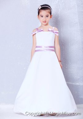 White and Lavender A-line Straps Ankle-length Taffeta Bows Flower Girl Dress