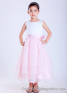 White and Pink A-line Scoop Ankle-length Taffeta and Taffeta Hand Made Flower Flower Girl Dress