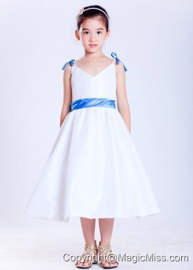 White and Blue A-line V-neck Tea-length Taffeta Bows Flower Girl Dress