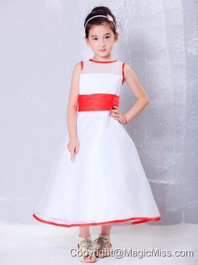 White and Red A-line Scoop Ankle-length Organza Flower Girl Dress