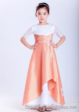 White and Orange A-line Scoop Ankle-length Taffeta and Organza Appliques Flower Girl Dress
