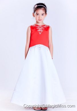 White and Red A-line V-neck Ankle-length Satin Bow Embroidery Flower Girl Dress