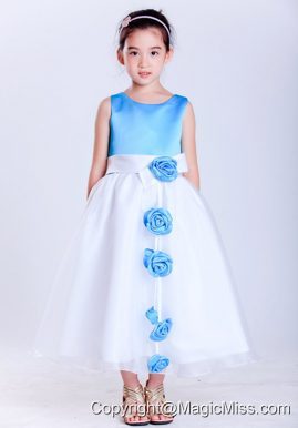 White and Baby Blue A-line Scoop Tea-length Taffeta and Organza Hand Made Flowers Flower Girl Dress