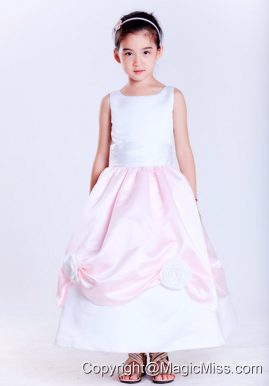 White and Pink A-line Scoop Ankle-length Taffeta Hand Made Flowers Flower Girl Dress