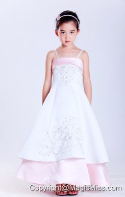 White and Pink A-line Straps Ankle-length Taffeta and Satin Embroidery Flower Girl Dress