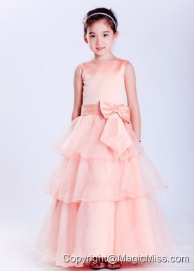 Watermelon Red A-line Scoop Ankle-length Taffeta and Organza Bow Flower Girl Dress