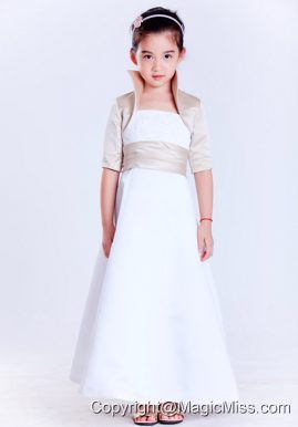 White A-line Strapless Ankle-length Satin Beading Flower Girl Dress
