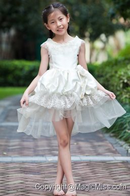 White A-line Scoop Mini-length Taffeta and Organza Hand Made Flowers Flower Girl Dress