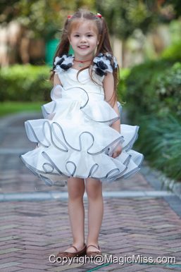 White A-line V-neck Mini-length Taffeta and Organza Hand Made Flowers Flower Girl Dress