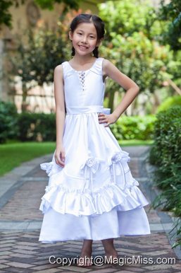 White A-line Scoop Ankle-length Taffeta Hand Made Flowers Flower Girl Dress